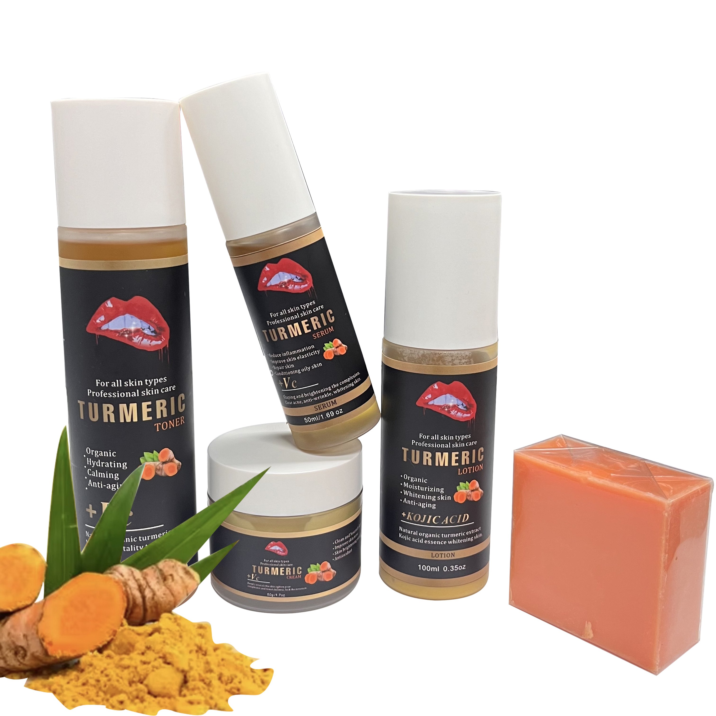 Private Label Turmeric Skin Care Set Brightening Anti Acne Fade Dark Spot Turmeric Face Cream