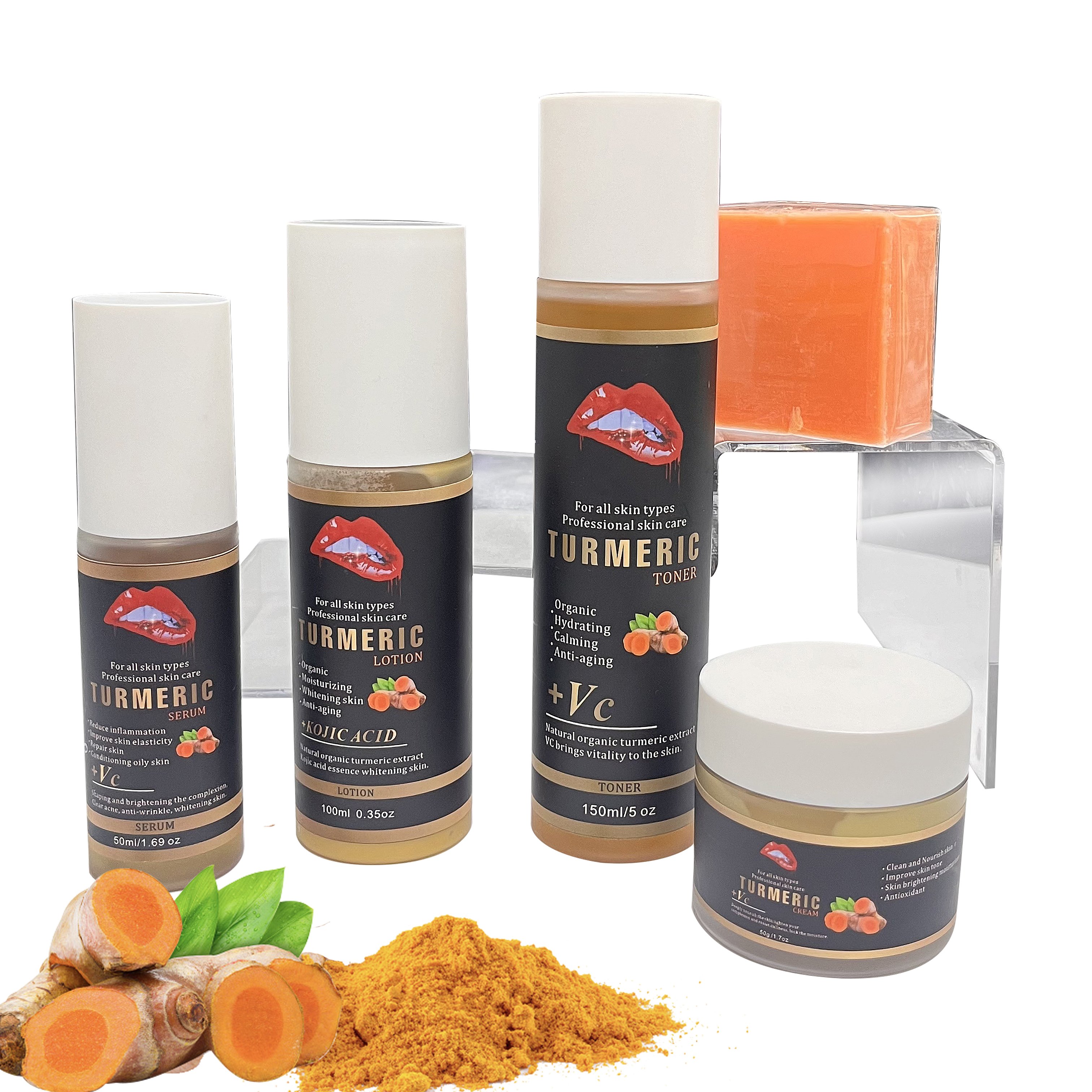 Private Label Turmeric Skin Care Set Brightening Anti Acne Fade Dark Spot Turmeric Face Cream
