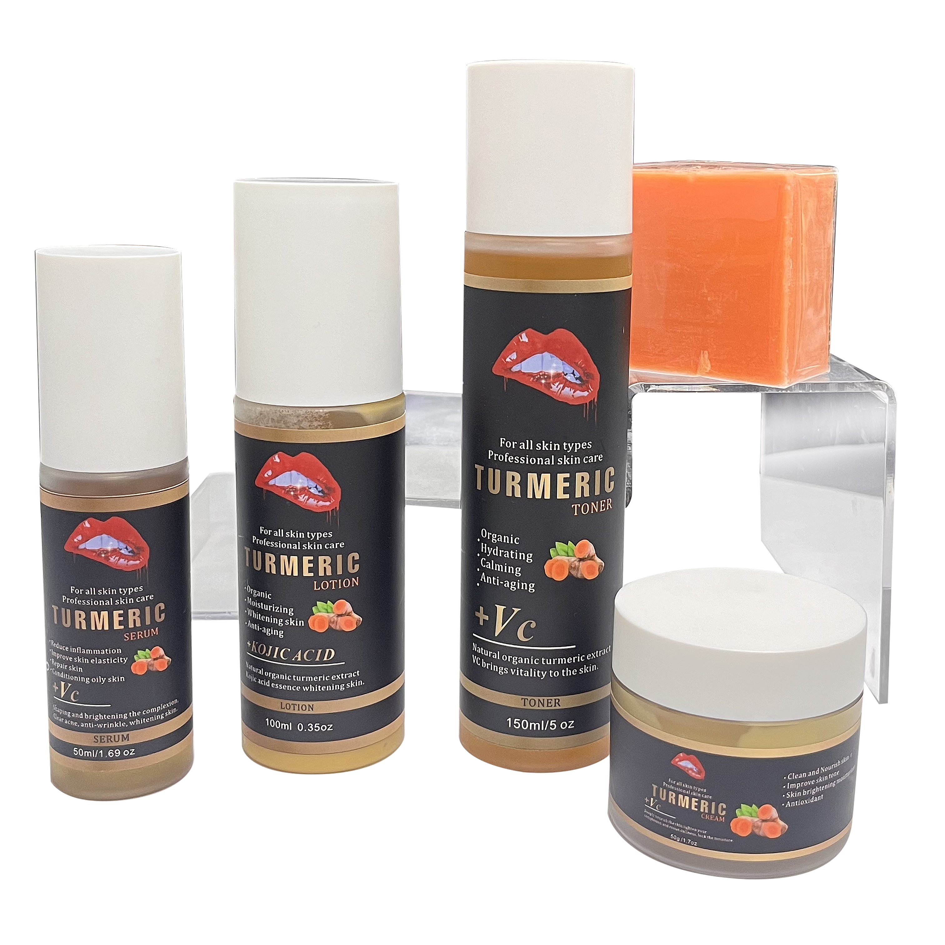 Private Label Turmeric Skin Care Set Brightening Anti Acne Fade Dark Spot Turmeric Face Cream