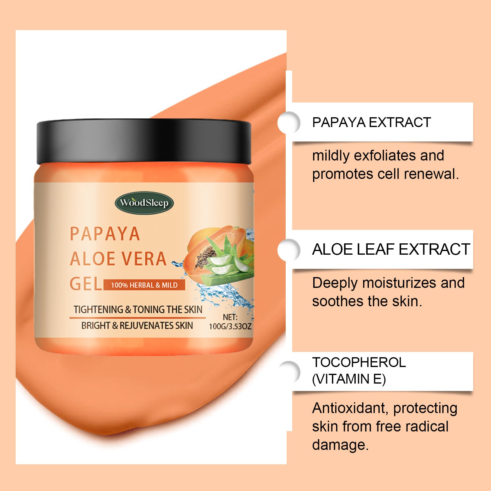 WoodSleep Skin Care Moisturizing Tightening Brightening Rejuvenating Natural Organic Aloe Vera Papaya Face Cream Gel
