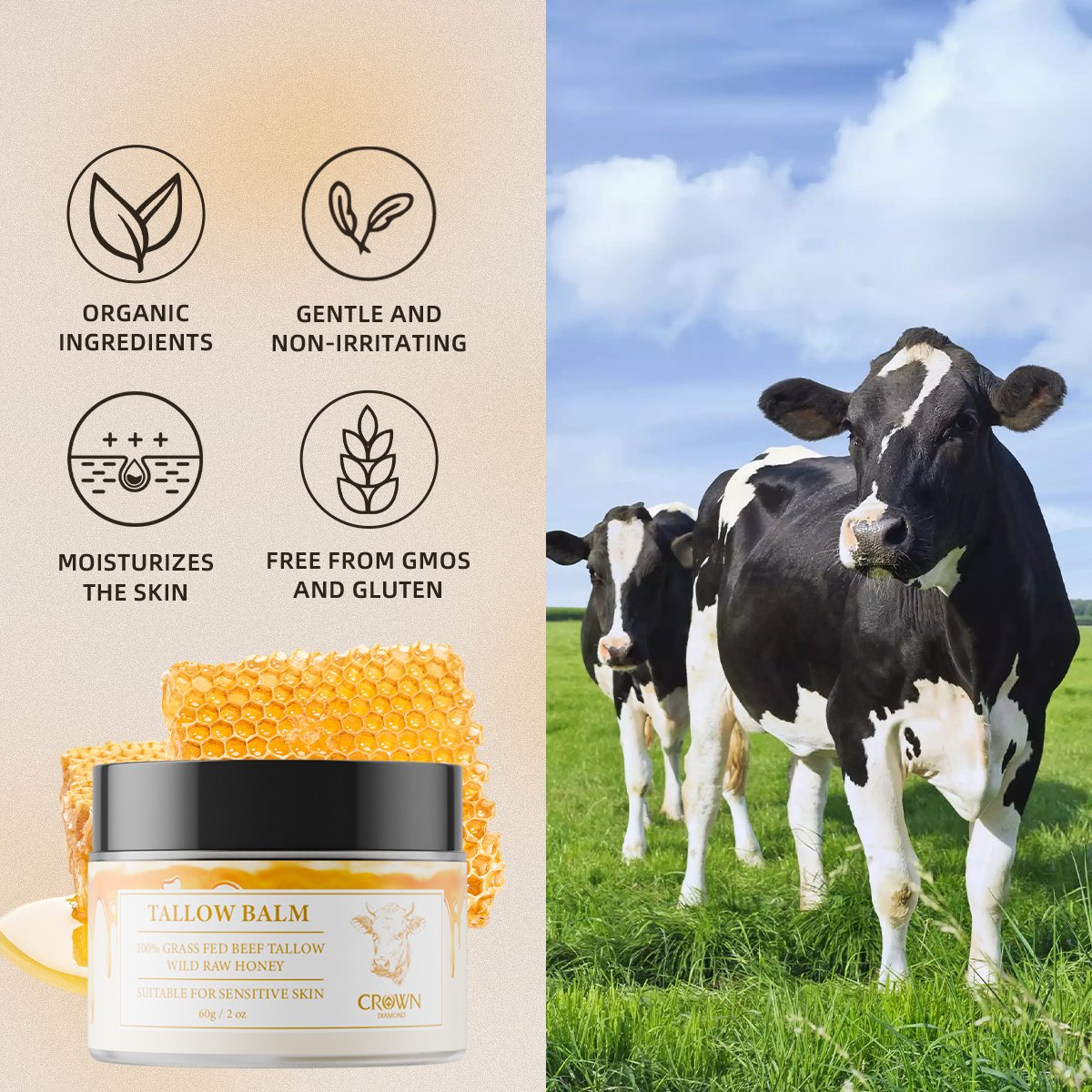 Private Label Natural Organic Tallow Honey Balm Vitamin E Brightening Lift Repair Whitening Remove Acne Moisturizing Face Cream