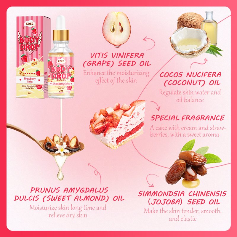 KOEC Strawberry Body Juice Oil Wholesale Moisturizing Firming Pure Essential Oil for Face&Body Massage Nourishing Peach Body Oil