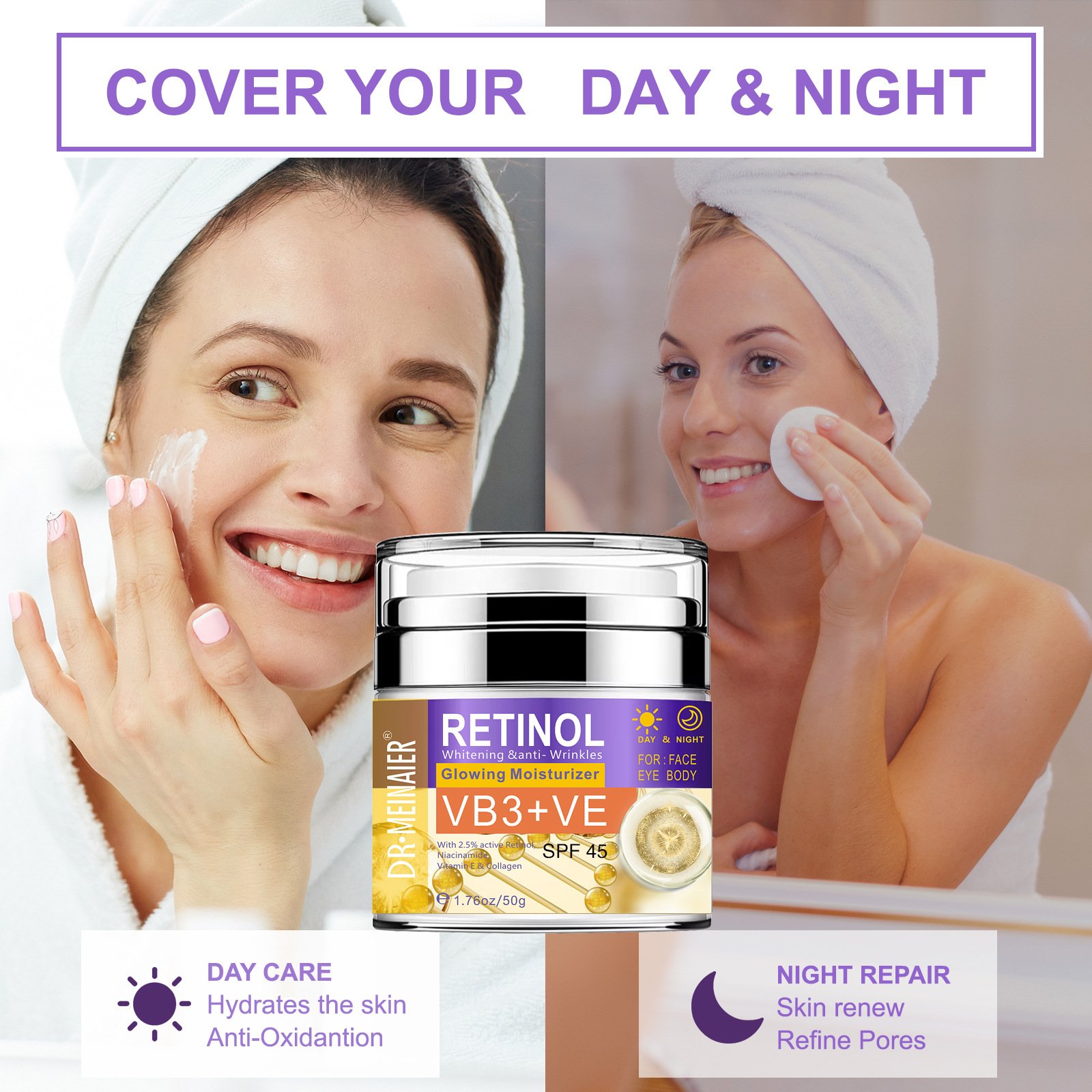 Natural Face Cream Retinol Glowing Moisturizer SPF 45 Whitening Anti-wrinkle Skin Care Day and Night Facial Cream