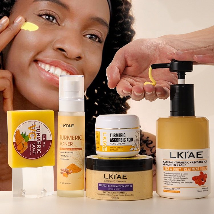 Private Label Toner Body Scrub Lotion Face Cream Soap Bar Caramel Acne Treatment Tumeric Skin Care Set (New) For Skin Lightening