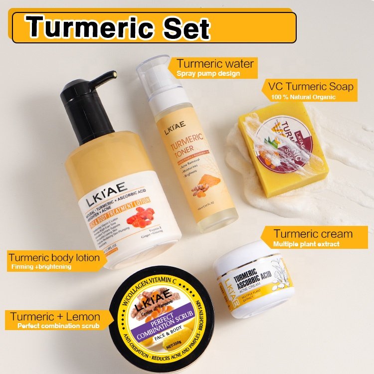 Private Label Toner Body Scrub Lotion Face Cream Soap Bar Caramel Acne Treatment Tumeric Skin Care Set (New) For Skin Lightening