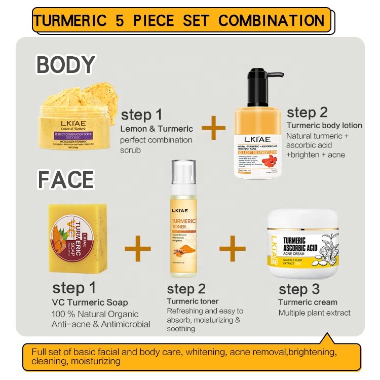Private Label Toner Body Scrub Lotion Face Cream Soap Bar Caramel Acne Treatment Tumeric Skin Care Set (New) For Skin Lightening