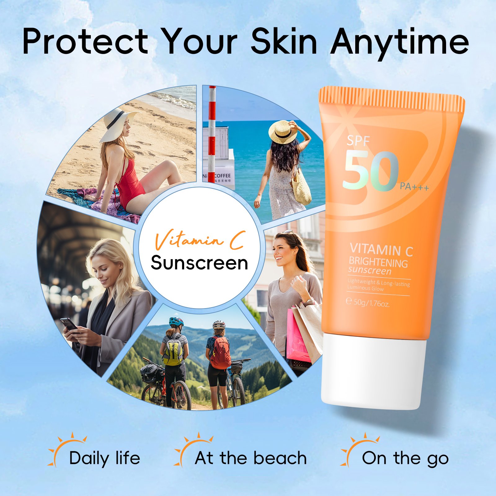 LAIKOU Vitamin C Brightening Sunscreen Sunblock SPF 50 PA+++ For Face Body Daily Life Beach On The Go Cream