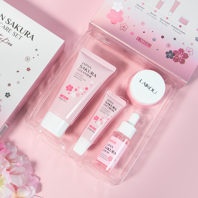 4-piece face cleaning essence eye cream face cream cherry blossom facial care set