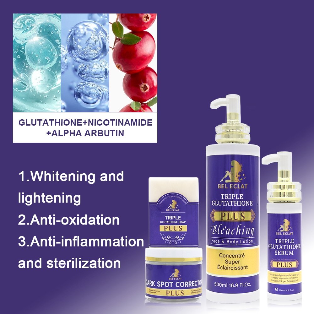 Private Label Triple Glutathione Plus Whitening Set Dark Spot Bleaching Face Cream Brightening Body Lotion for Black Skin
