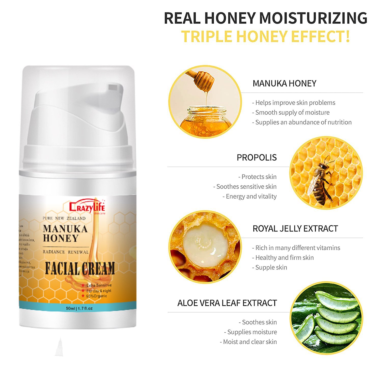 Crazylife honey face cream Honey Cream nourishes, refreshes and moisturizes 50g skin elasticity and moisturizing bee venom cream