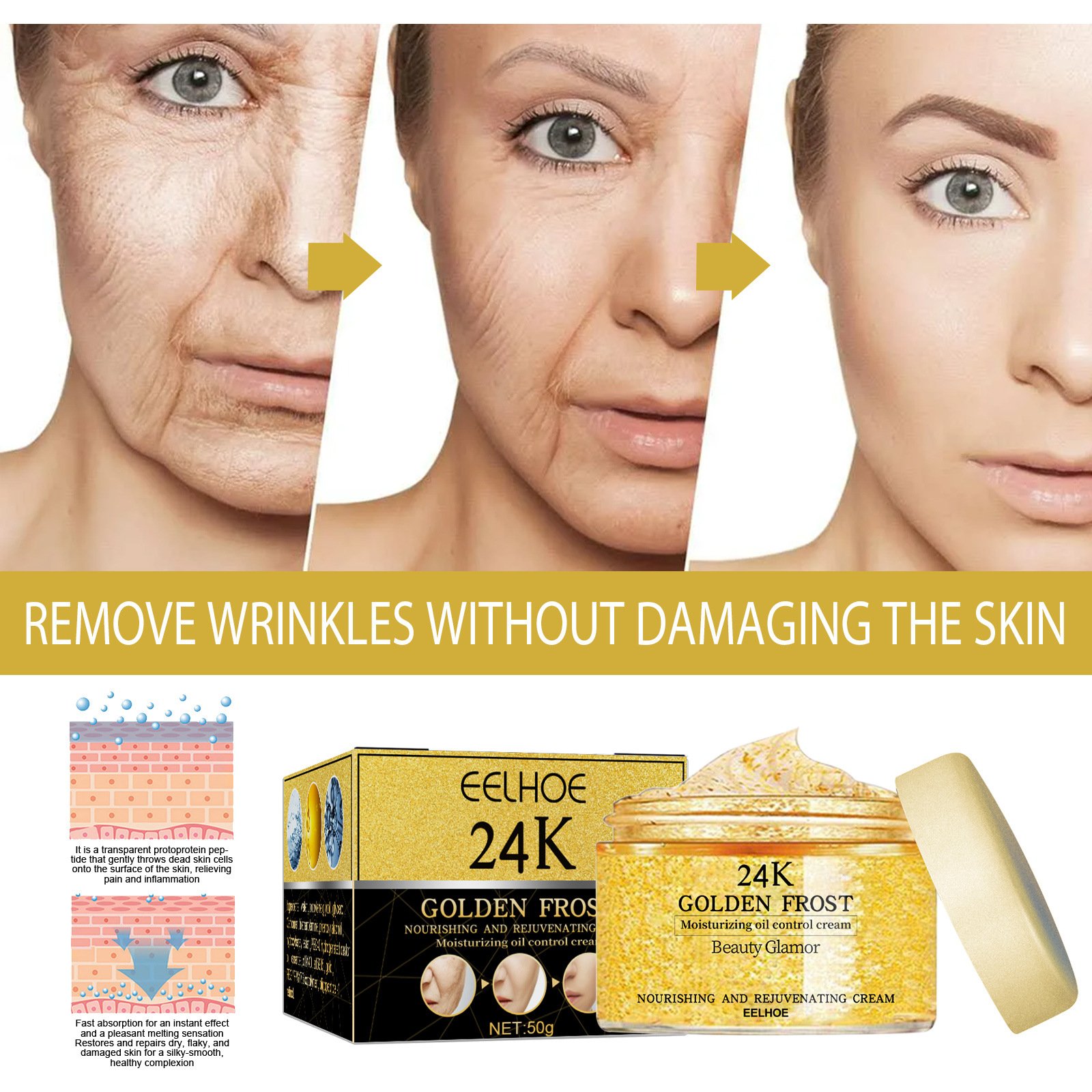 EELHOE 24k gold Face Cream Facial Moisturizer Repair Dry Skin Anti-aging Nourish Skin oil control Skin care 50g