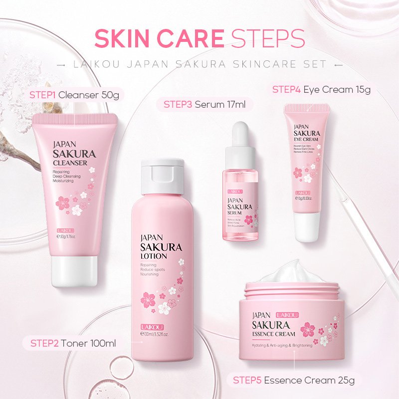 Skincare Set Cherry Blossom Cleanser Moisturizing Whitening Anti-aging Toner Face Cream Cherry Blossom Essence Cream