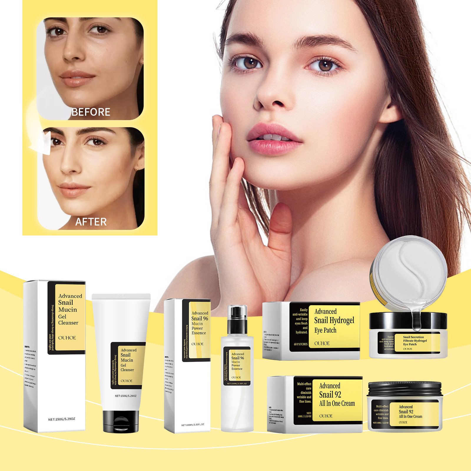 Snail Essence care skin care set improve skin quality Face cream Eye mask Essence Water cleansing gel wholesale Customization