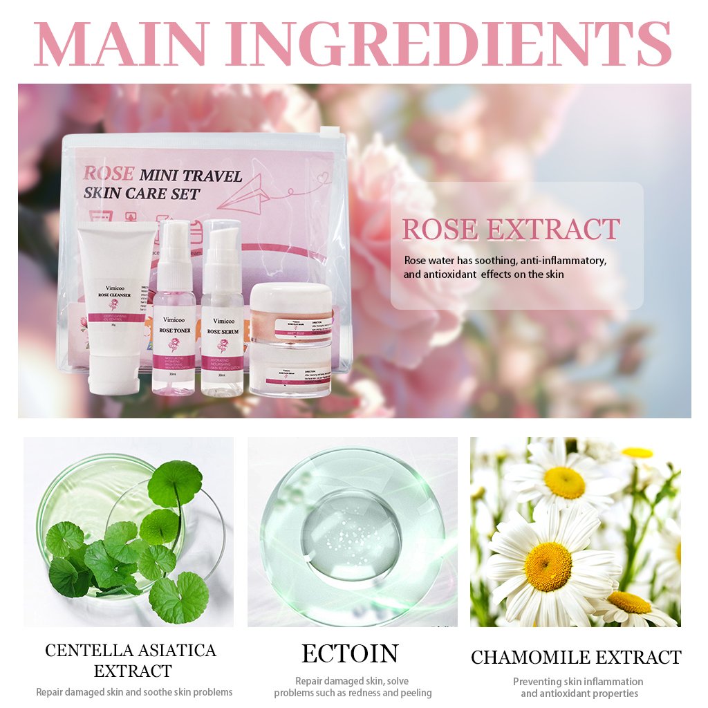 Private Label New Arrival Facial Skin Care Kit Hydrating Repairing Rejuvenating Brightening Face Rose Mini Travel Skin Care Set