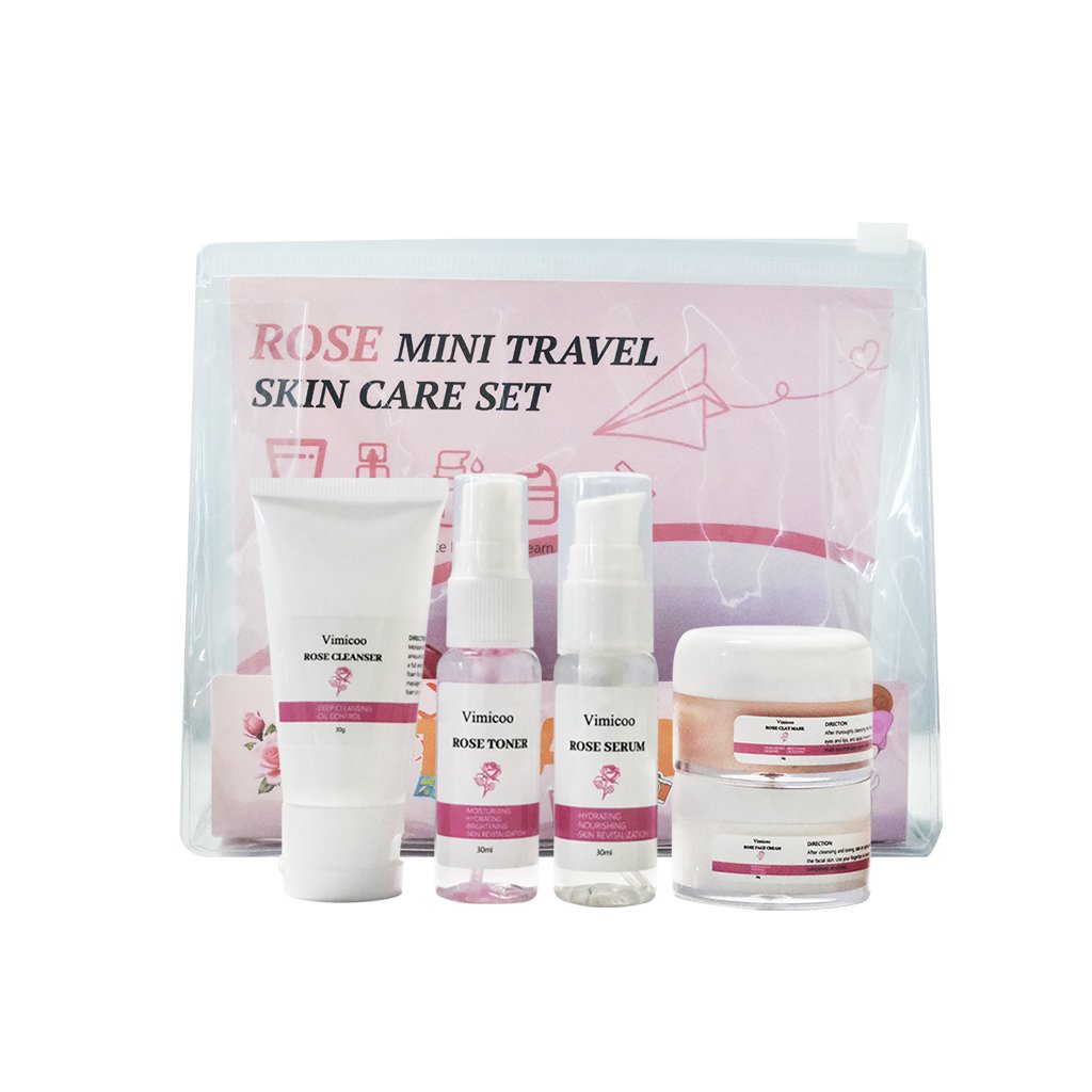 Private Label New Arrival Facial Skin Care Kit Hydrating Repairing Rejuvenating Brightening Face Rose Mini Travel Skin Care Set