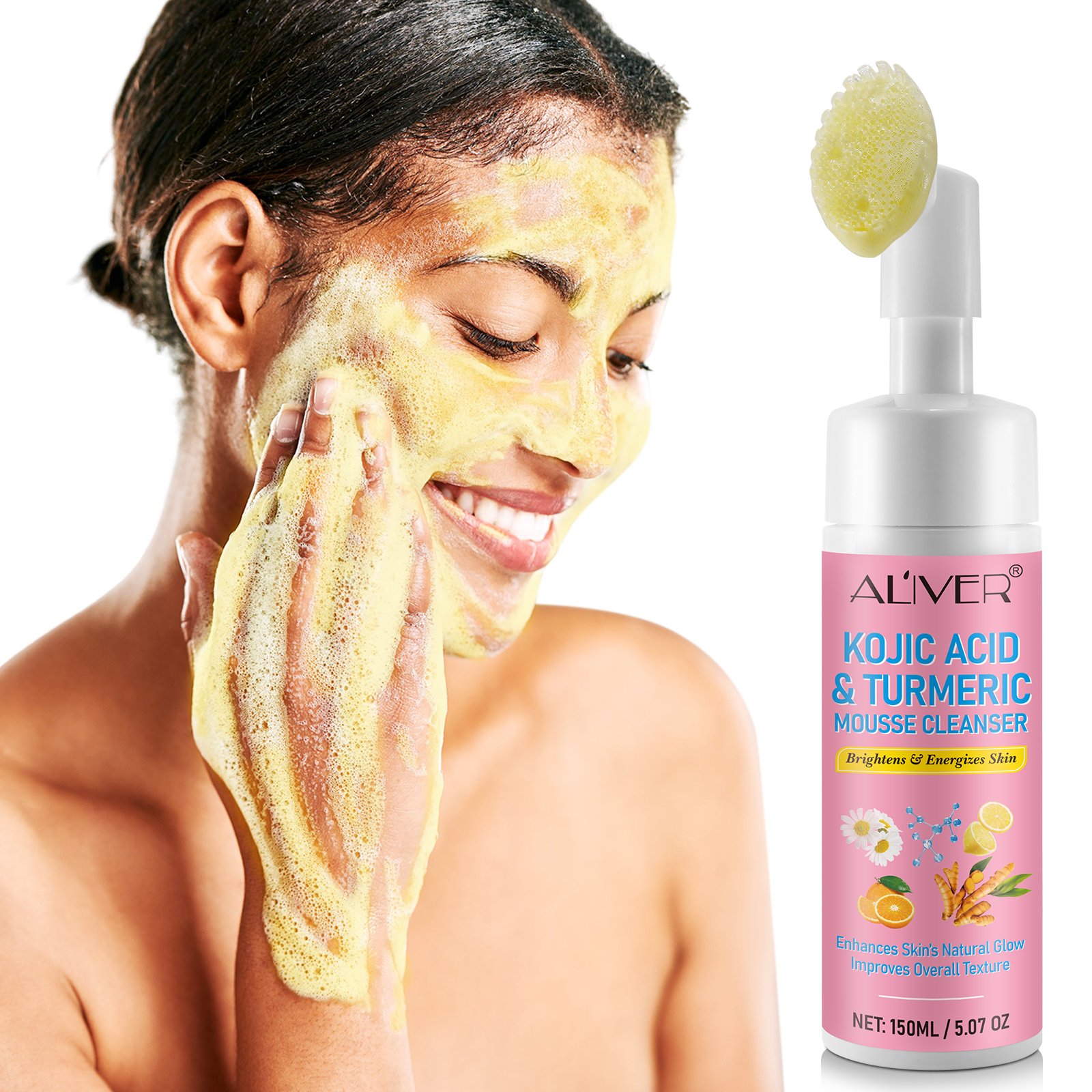 ALIVER 150ml face cream facial brush cleanser vitamin c whitening turmeric and kojic acid foaming cleansing face cleanser mousse