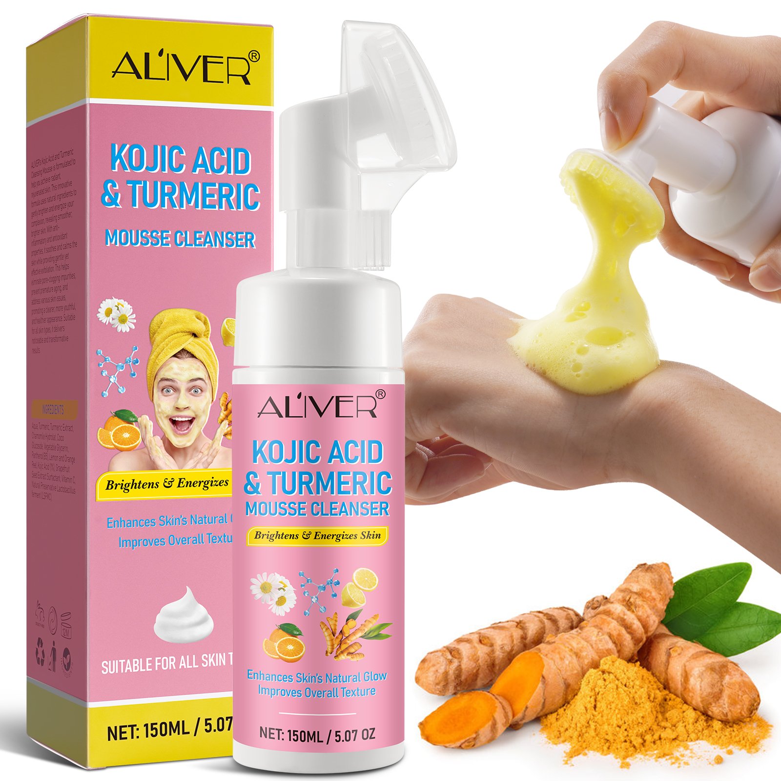 ALIVER 150ml face cream facial brush cleanser vitamin c whitening turmeric and kojic acid foaming cleansing face cleanser mousse