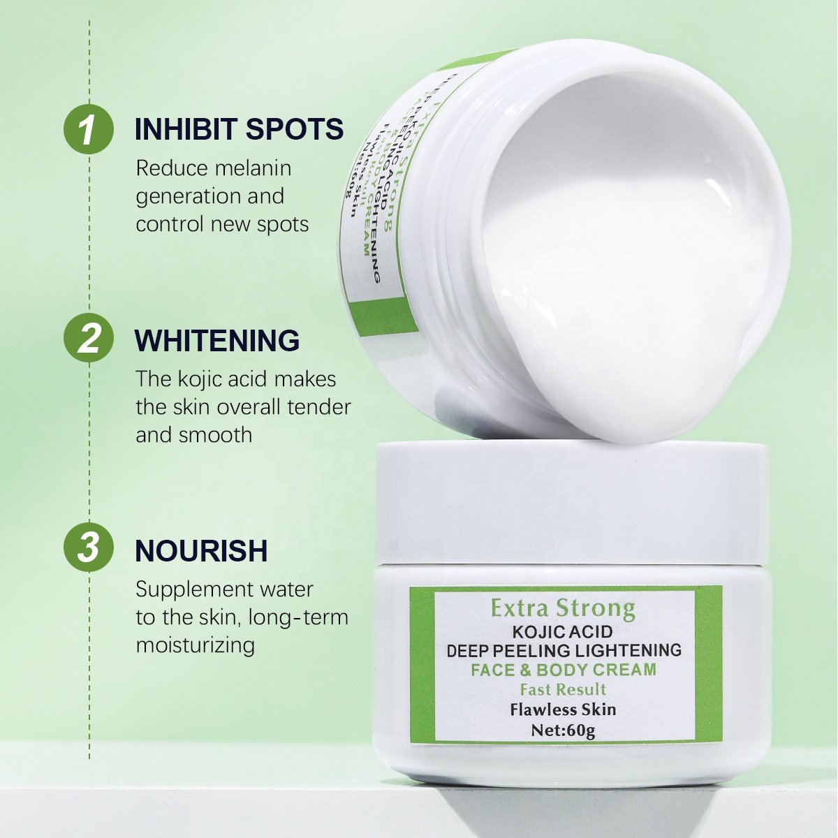 Private Label 60/100g Customized Extra Strong Kojic Acid 7days Lightening Whitening Peeling Body Face Cream