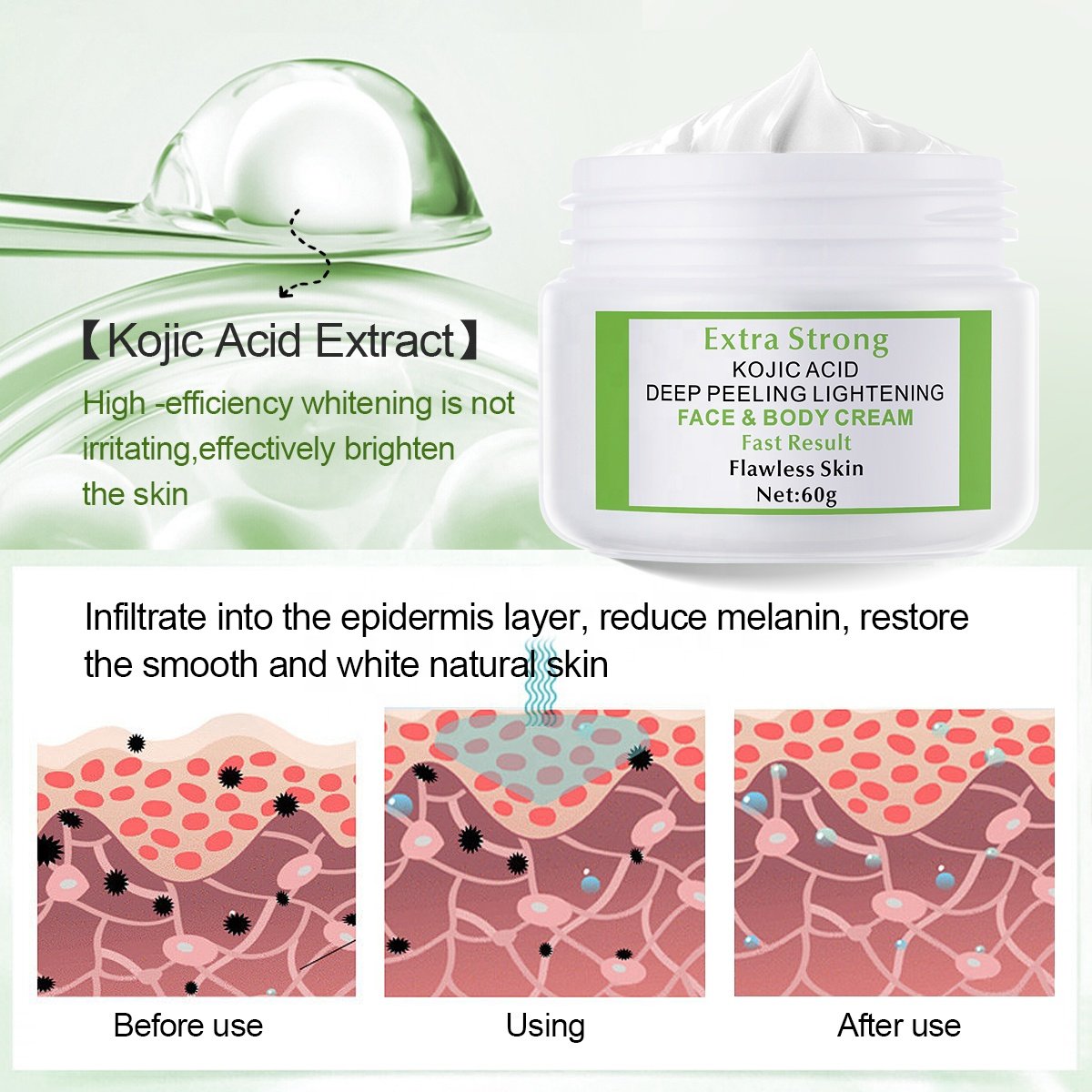 Private Label 60/100g Customized Extra Strong Kojic Acid 7days Lightening Whitening Peeling Body Face Cream