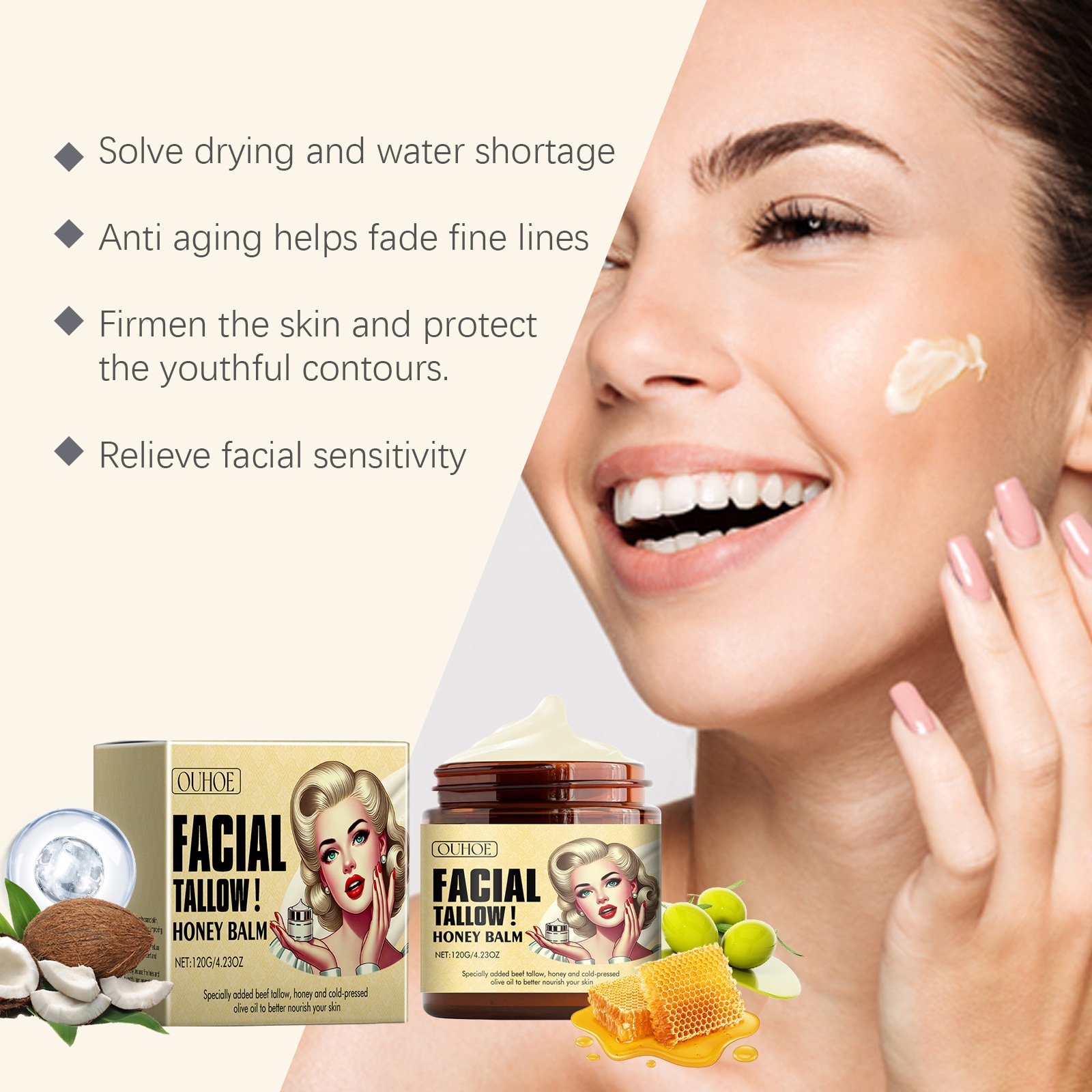 OUHOE Wholesale Moisturizing Face Care Nourishing Facial Tallow Honey Balm (120g/4.23oz)