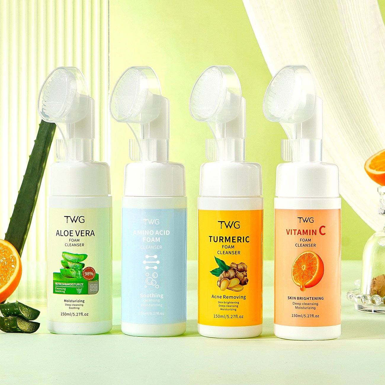TWG Private Label Vitamin C Face Cleanser Mousse Pore Turmeric Face Wash with Brush Aloe Vera Foaming Facial Cleanser