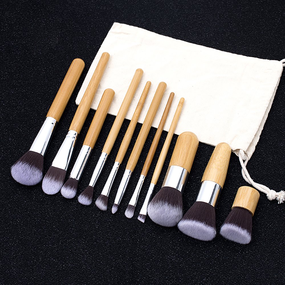 DailyQueen 11pcs Eco-Friendly Bamboo handle natural hair professional makeup brush set/kit Vegan Cruelty Free - Premium Synthetic Kabuki