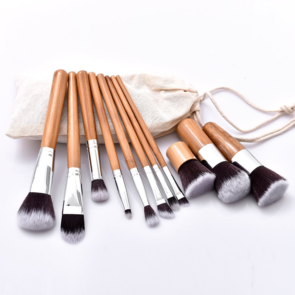 DailyQueen 11pcs Eco-Friendly Bamboo handle natural hair professional makeup brush set/kit Vegan Cruelty Free - Premium Synthetic Kabuki
