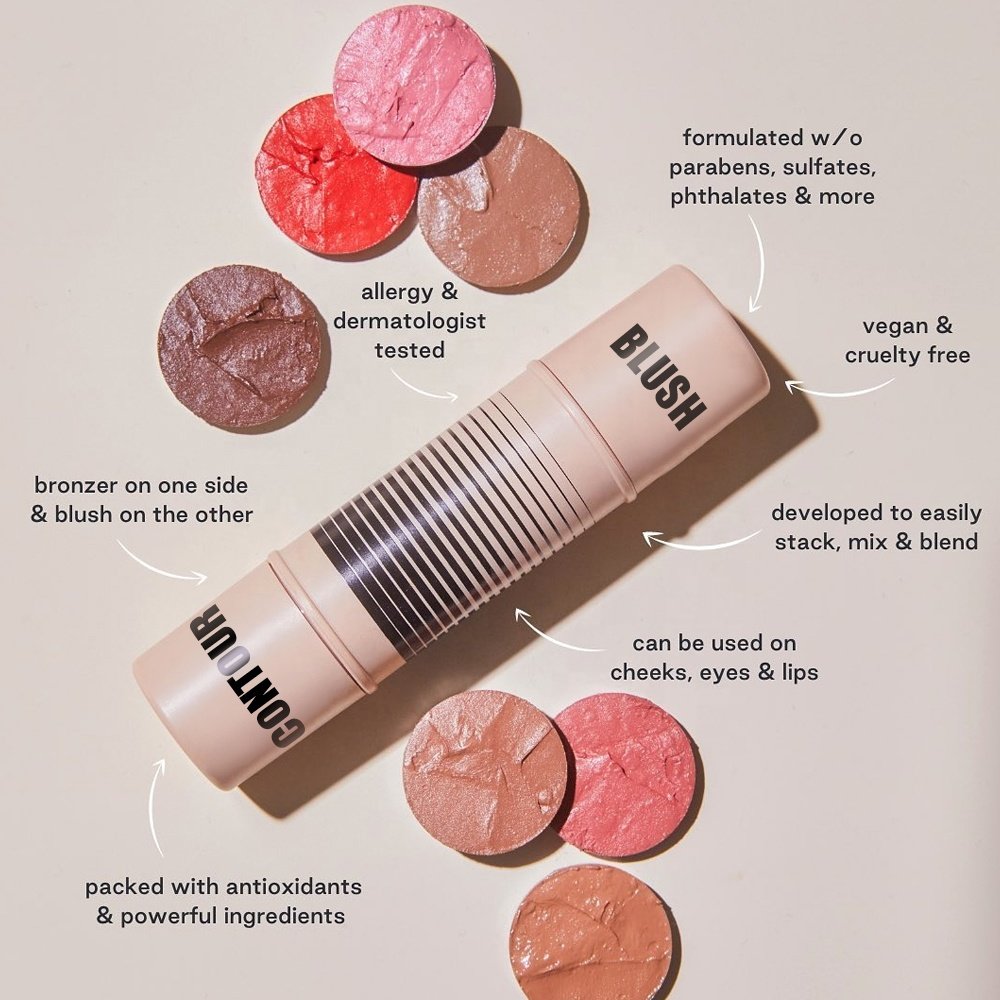 Custom Logo Perfect Face Tint Cheek Contour Stick Long Lasting High Quality 2 In 1 Make Up Vegan Cream Bronzer and Blush Stick