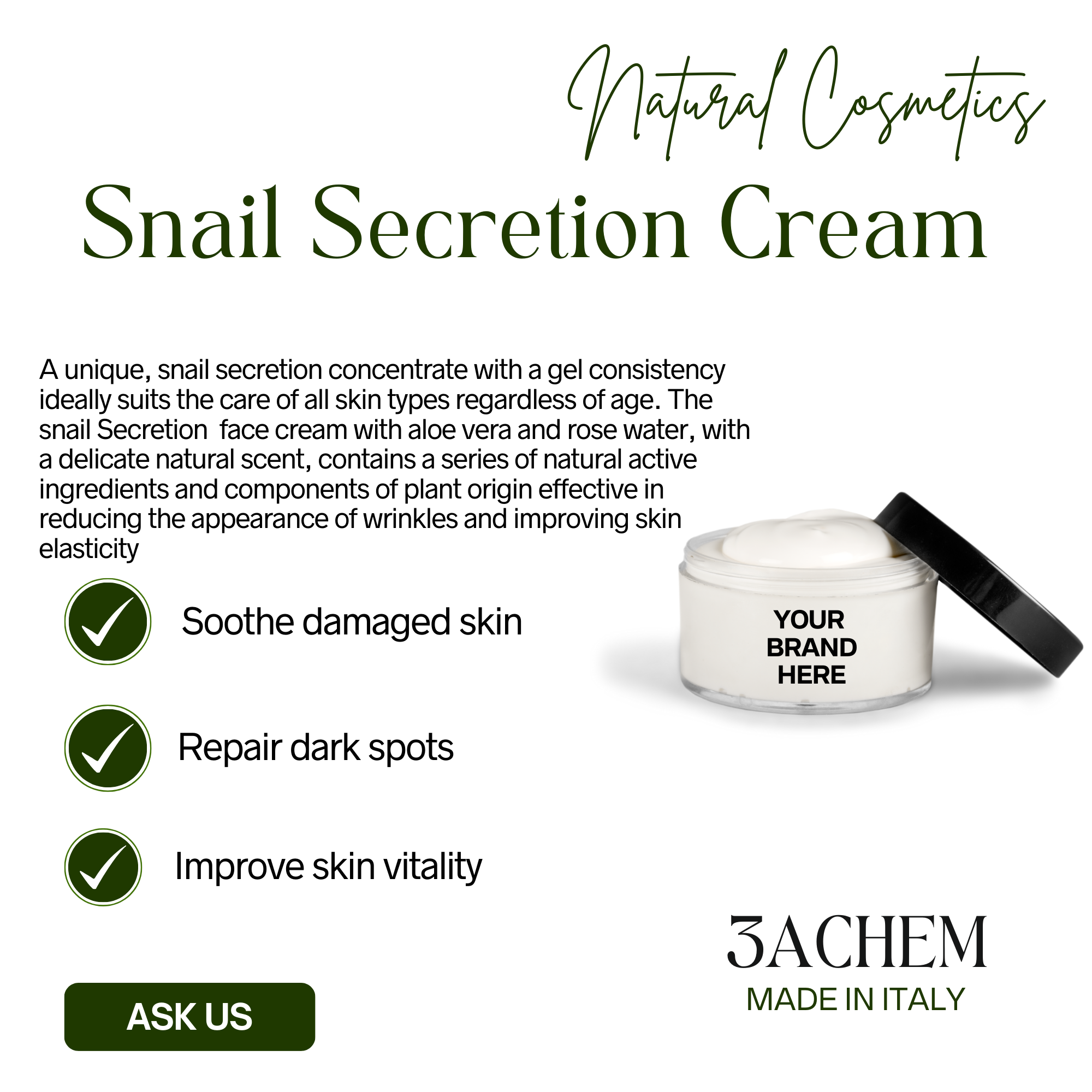FACE CREAM WITH SNAIL SECRETION 50 ml Private Label 100% for sale and for export Highest Quality Italian manufacturer.