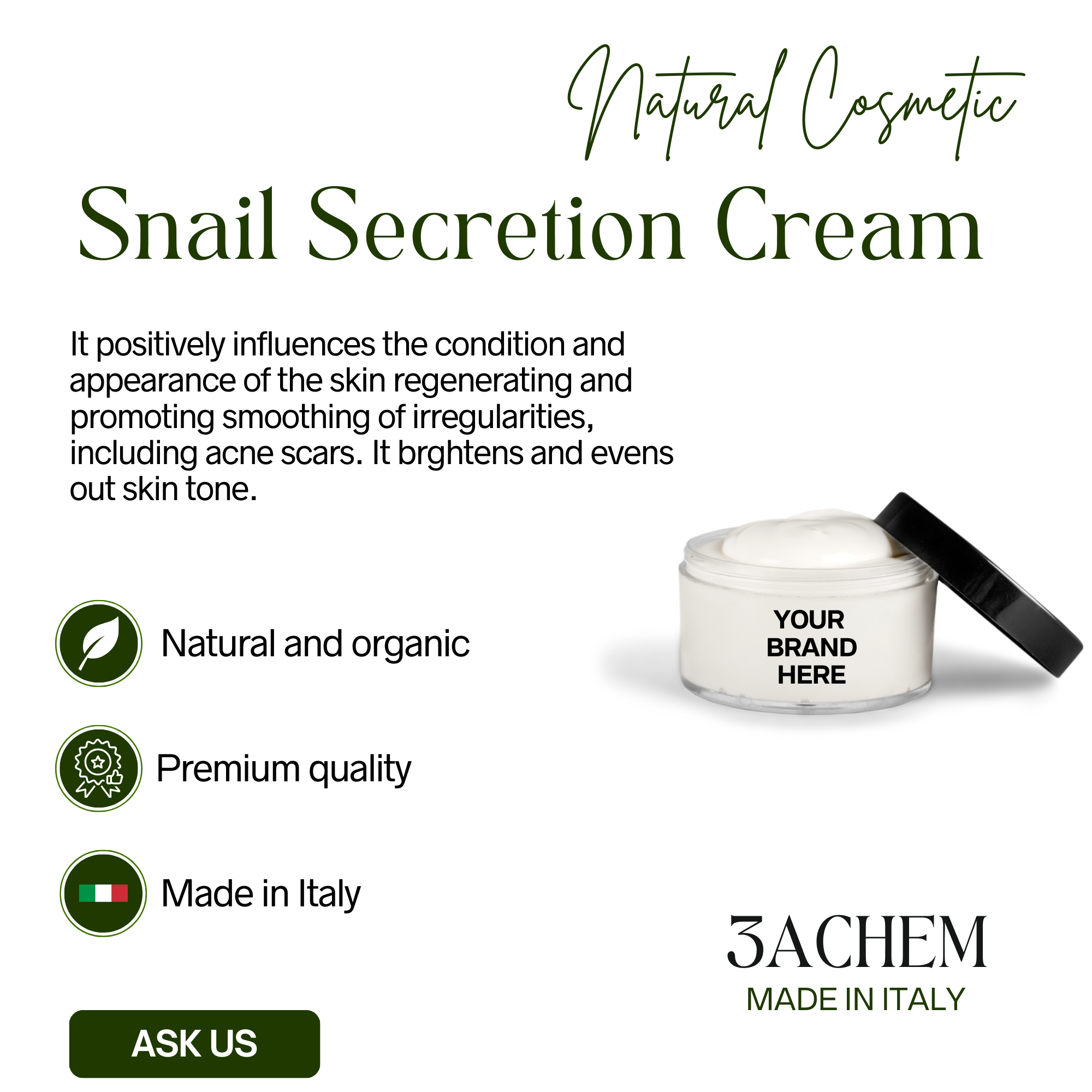 FACE CREAM WITH SNAIL SECRETION 50 ml Private Label 100% for sale and for export Highest Quality Italian manufacturer.