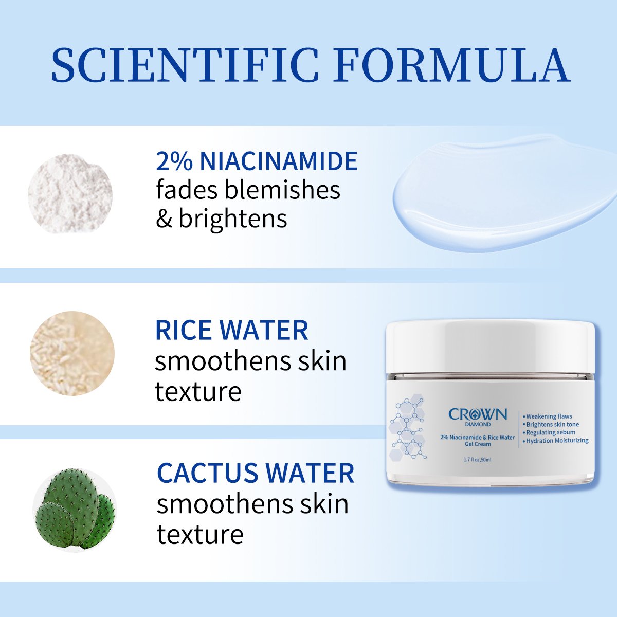 Private Label 2% Niacinamide & Rice Water Gel Moisturizer Anti Blemish Removal Dark Spot Tightening Brightening Face Skin Cream