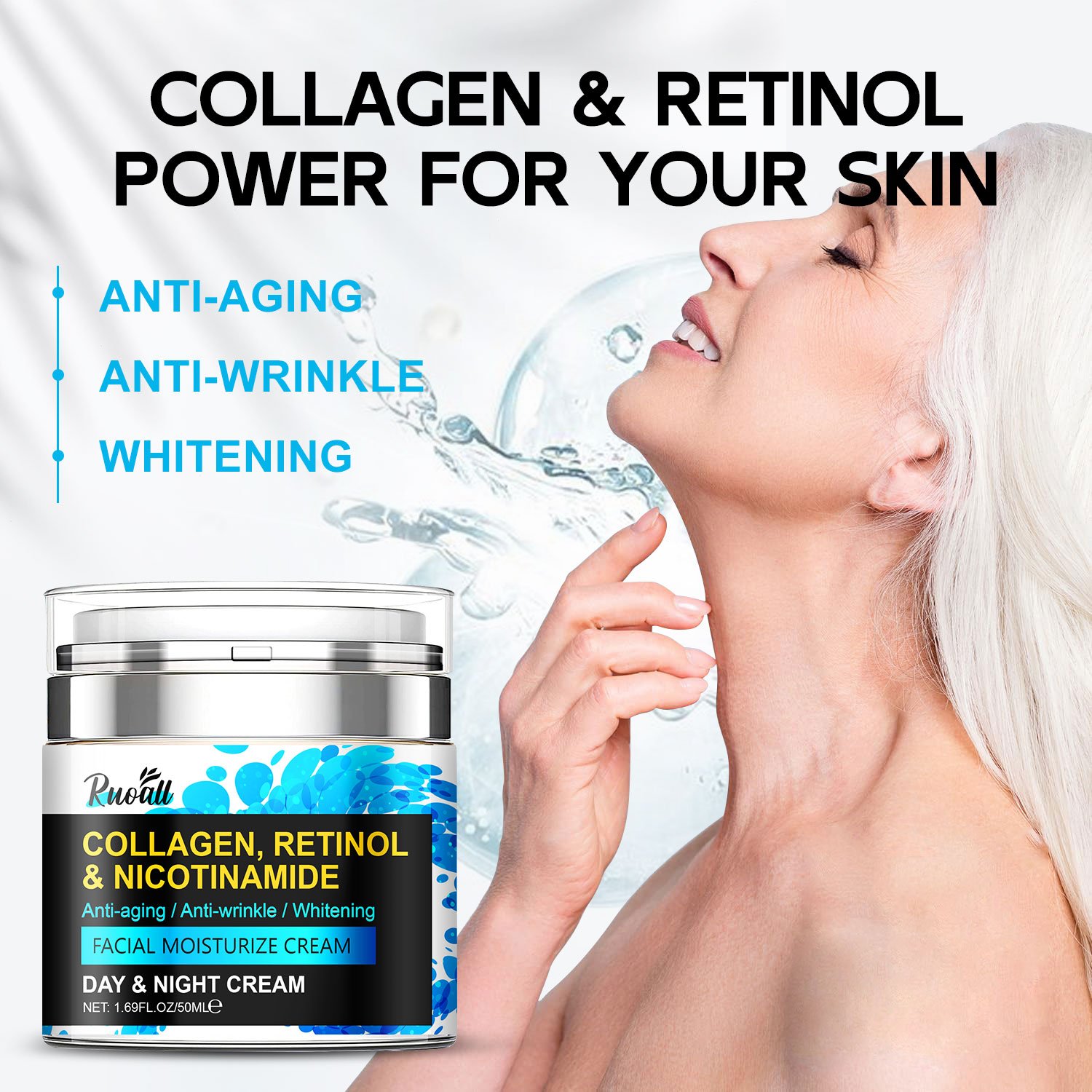 RUOALL Face Moisturizer Collagen Cream - Anti Aging Neck and Decollete - Night Face Cream - Moisturizing, Recovery - 1.7oz