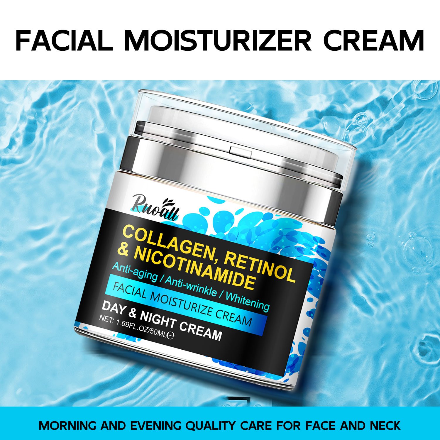 RUOALL Face Moisturizer Collagen Cream - Anti Aging Neck and Decollete - Night Face Cream - Moisturizing, Recovery - 1.7oz