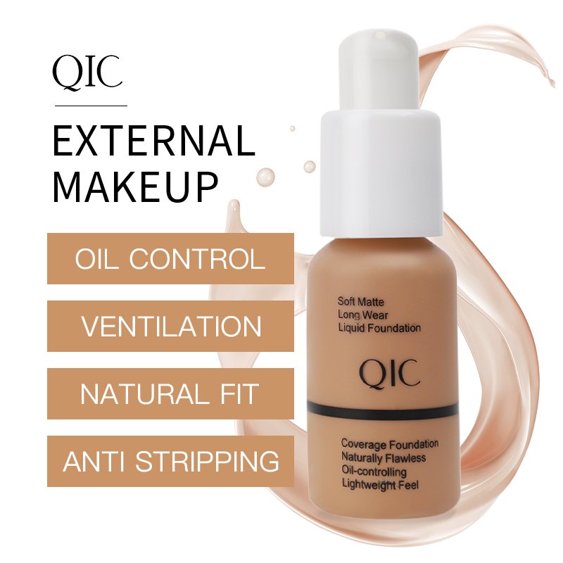 QIC Makeup Vegan Foundation Sunscreen Waterproof Liquid Female Pressed Foundation Cream Powder Beautify Face Makeup 30mL