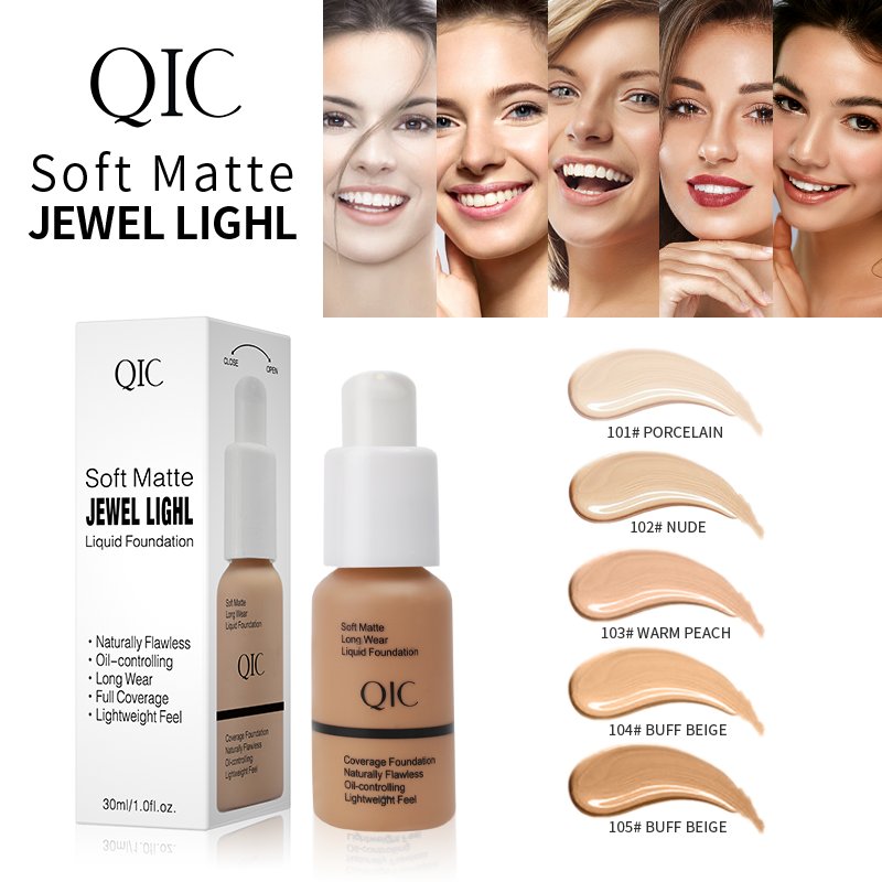 QIC Makeup Vegan Foundation Sunscreen Waterproof Liquid Female Pressed Foundation Cream Powder Beautify Face Makeup 30mL