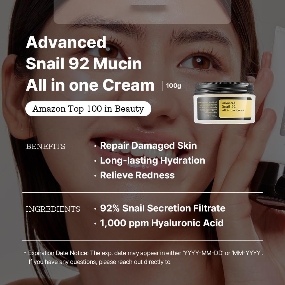 Snail Mucin 92% Repair Cream, Daily Face Gel Moisturizer for Dry Skin, Acne-Prone Skin, Sensitive Skin, Korean Skincare