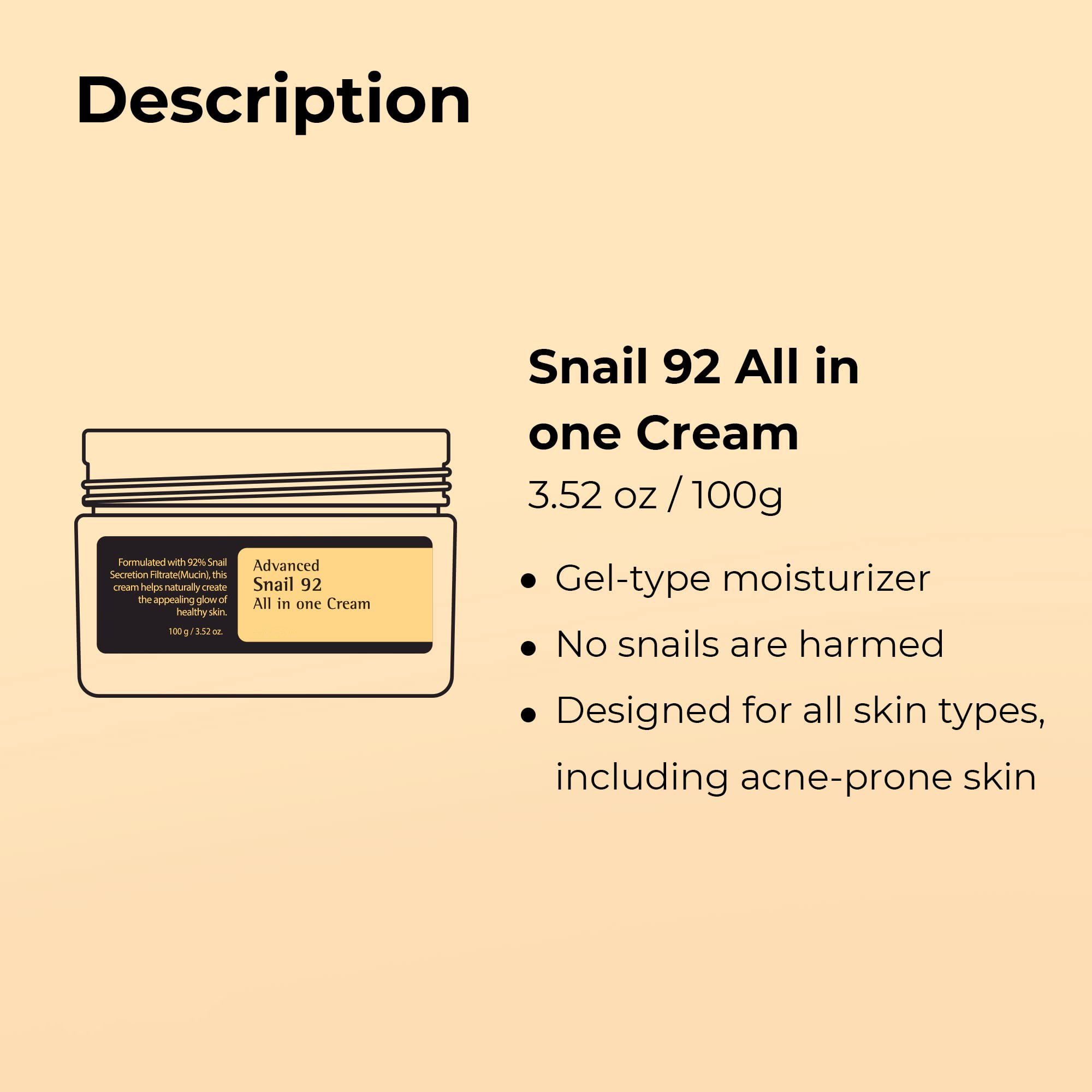 Snail Mucin 92% Repair Cream, Daily Face Gel Moisturizer for Dry Skin, Acne-Prone Skin, Sensitive Skin, Korean Skincare