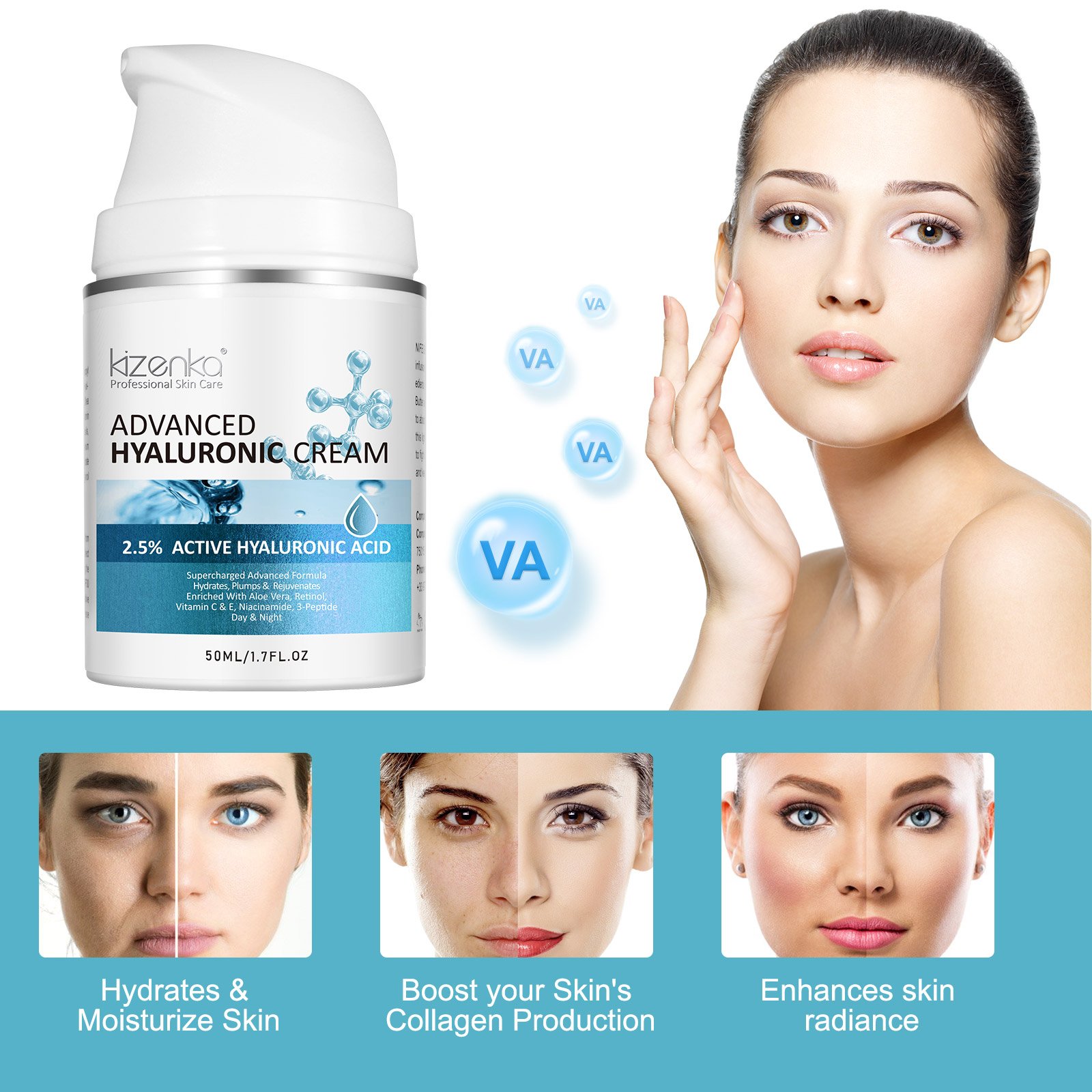 KIZENKA Vitamin E Face Cream Anti Aging Wrinkle Skin Whitening Day Night Hyaluronic Acid Collagen Moisturizing Retinol Cream