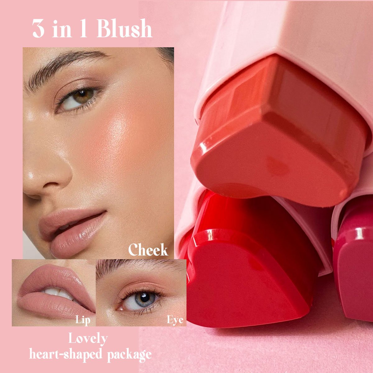 3 in1 tint pink heart blush stick cream make up blush private label vegan custom blush