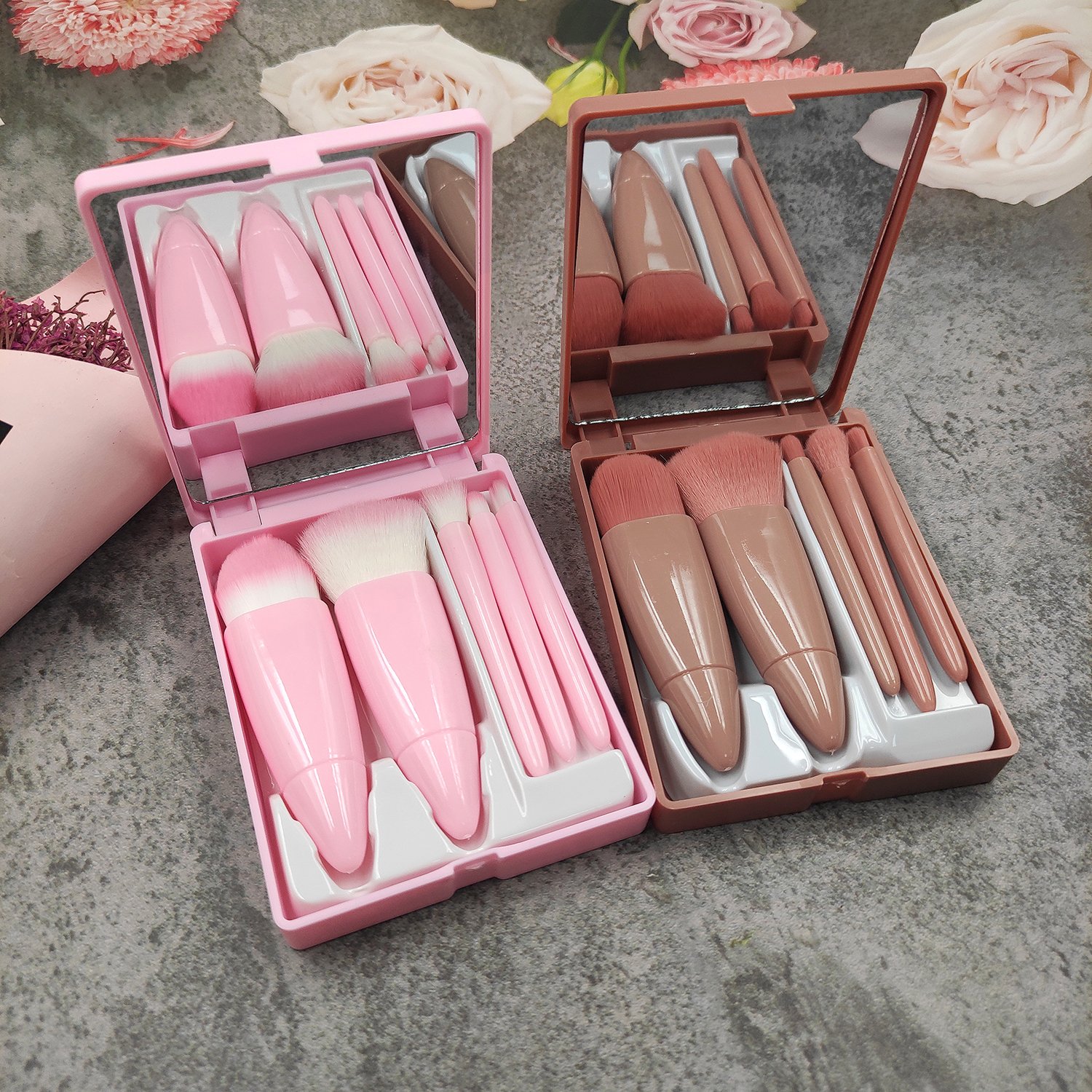 5 pcs makeup brushes kit with mirror wholesale make up brush OEM tools print your logo makeup brushes set