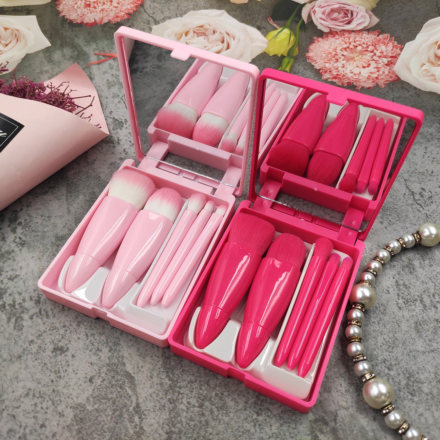 5 pcs makeup brushes kit with mirror wholesale make up brush OEM tools print your logo makeup brushes set