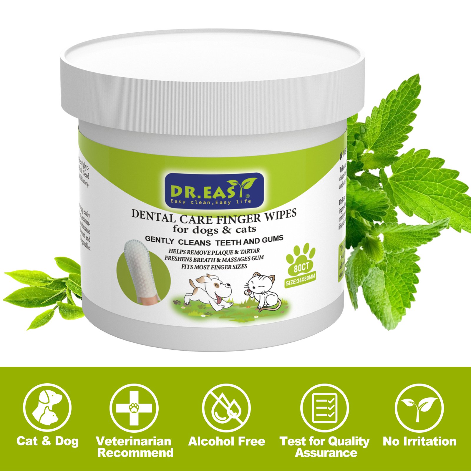 Pet Dog Cat Breath Freshener Dental Finger Wipes 80ct Cleaning Teeth Wipes