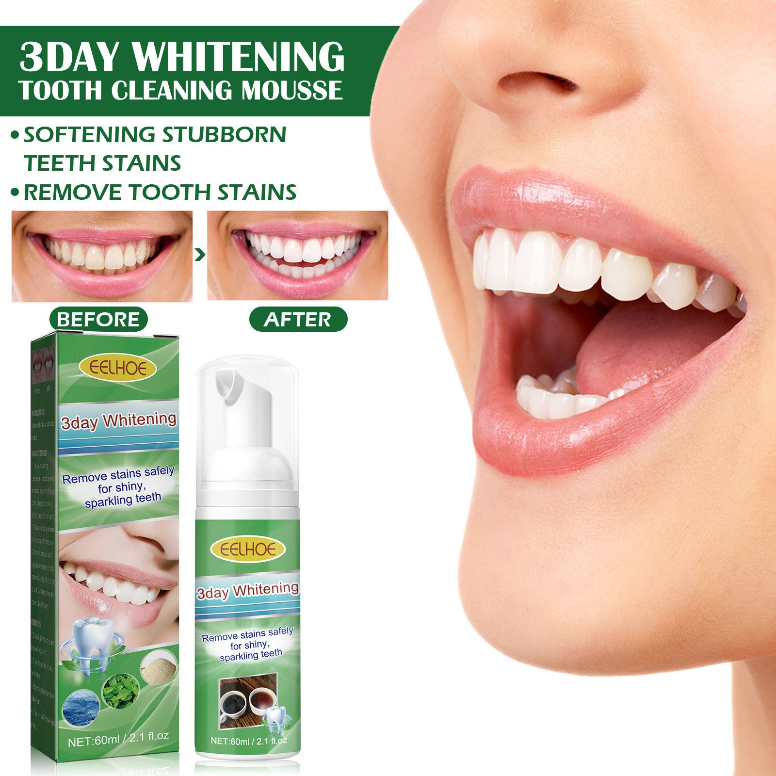 EELHOE Brightening Teeth Cleanser Mousse Mouth Cleanser Freshening whitening teeth Anti-decay teeth to remove bad breath stains