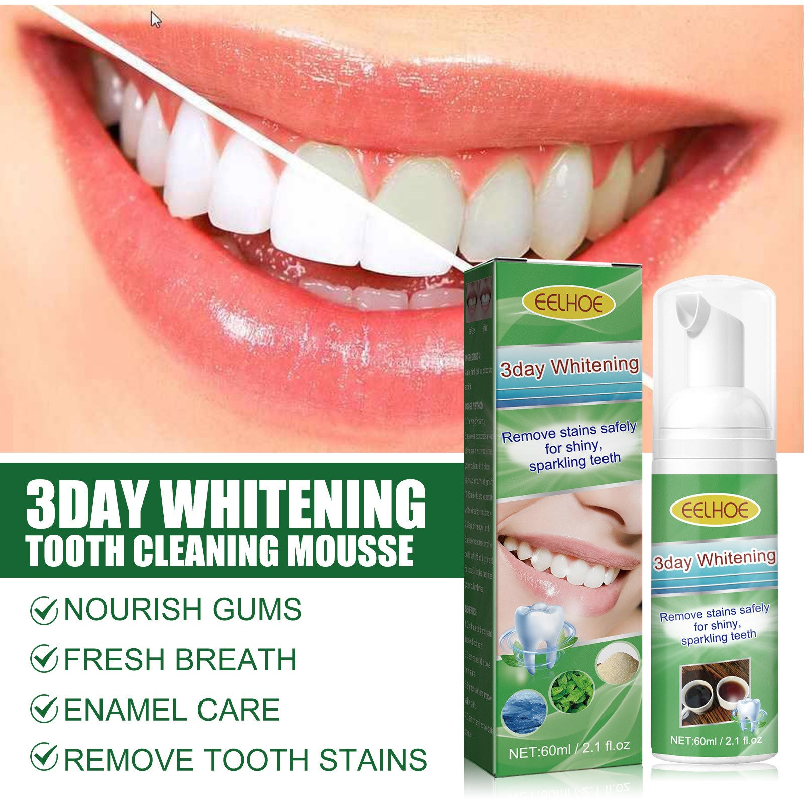 EELHOE Brightening Teeth Cleanser Mousse Mouth Cleanser Freshening whitening teeth Anti-decay teeth to remove bad breath stains