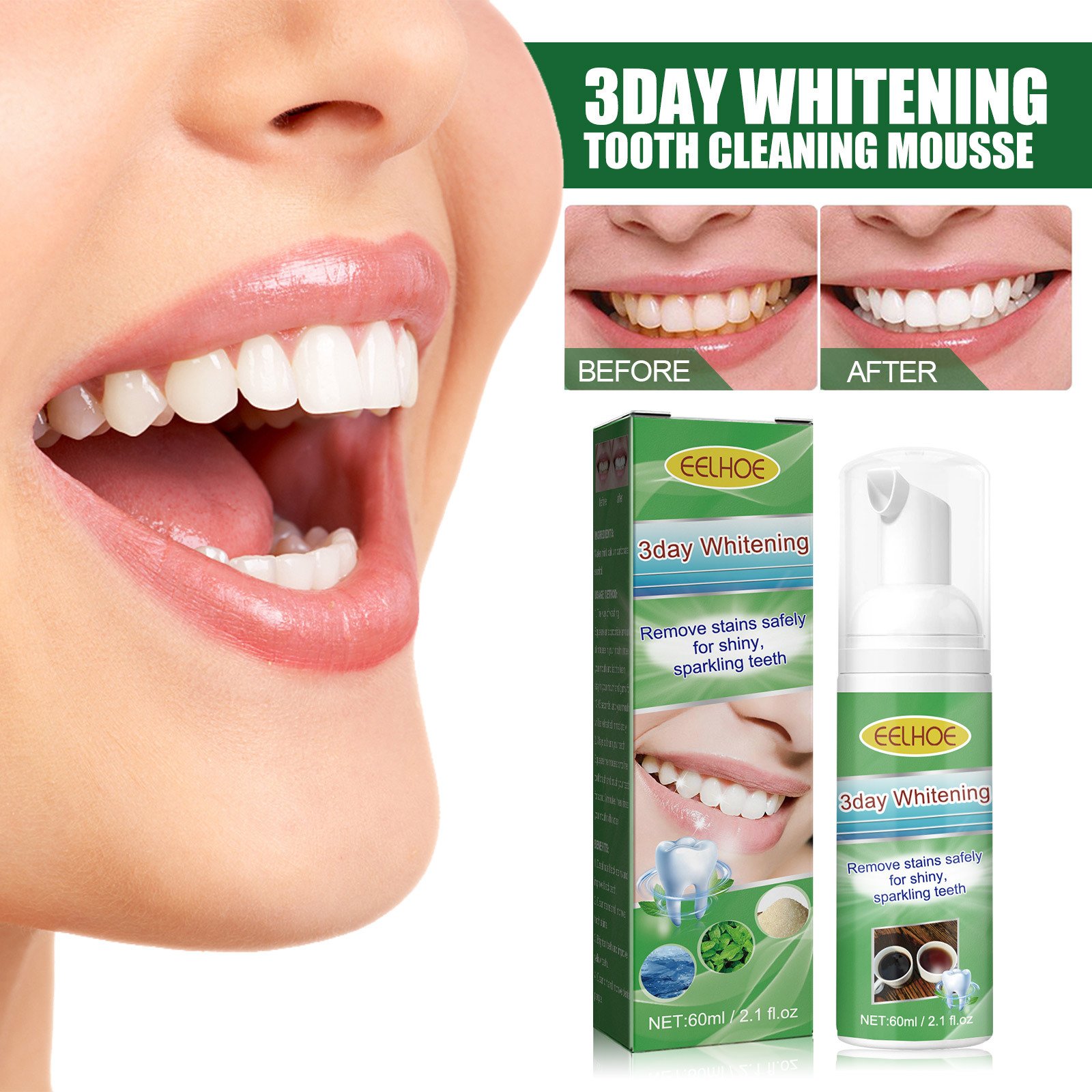 EELHOE Brightening Teeth Cleanser Mousse Mouth Cleanser Freshening whitening teeth Anti-decay teeth to remove bad breath stains