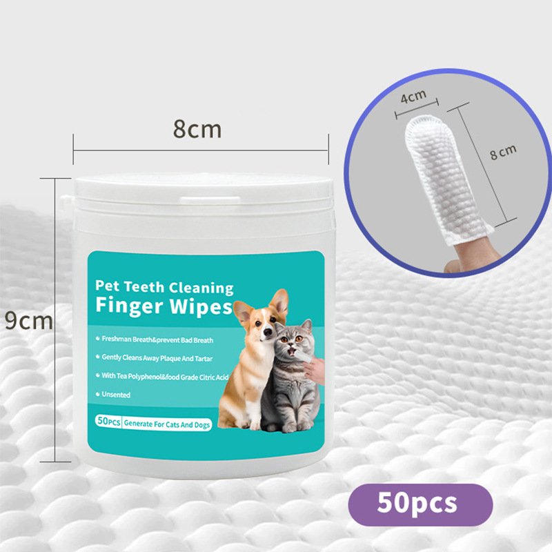 50 pcs Custom Logo Organic Pet Wet Wipes Finger Tooth Plaque Wipes for Dental Care Freshening Breath and Bad Breath Prevention