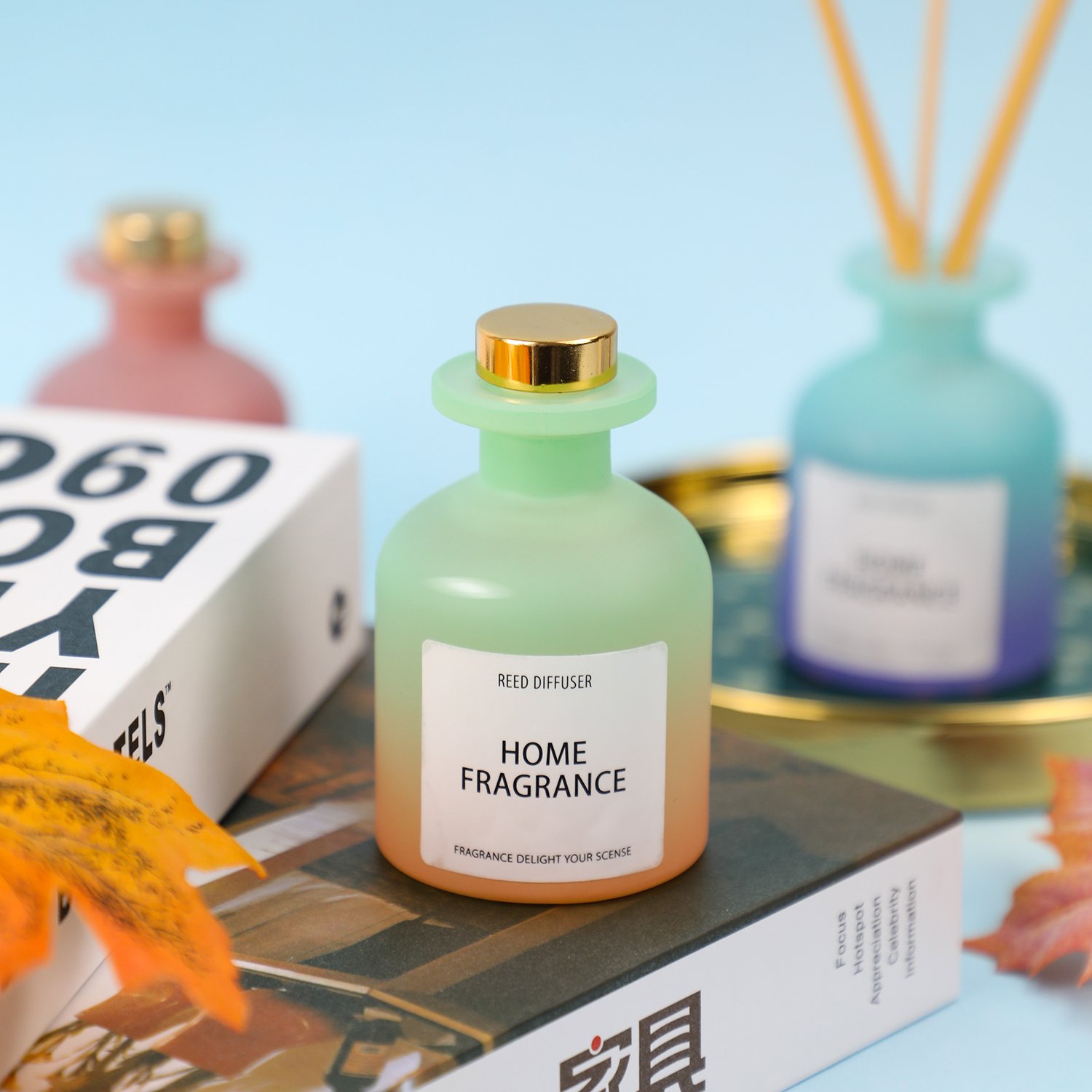 Hot Sale Luxury Customised Round Colorful Glass Bottle Floral Reed Diffuser Perfume With Box