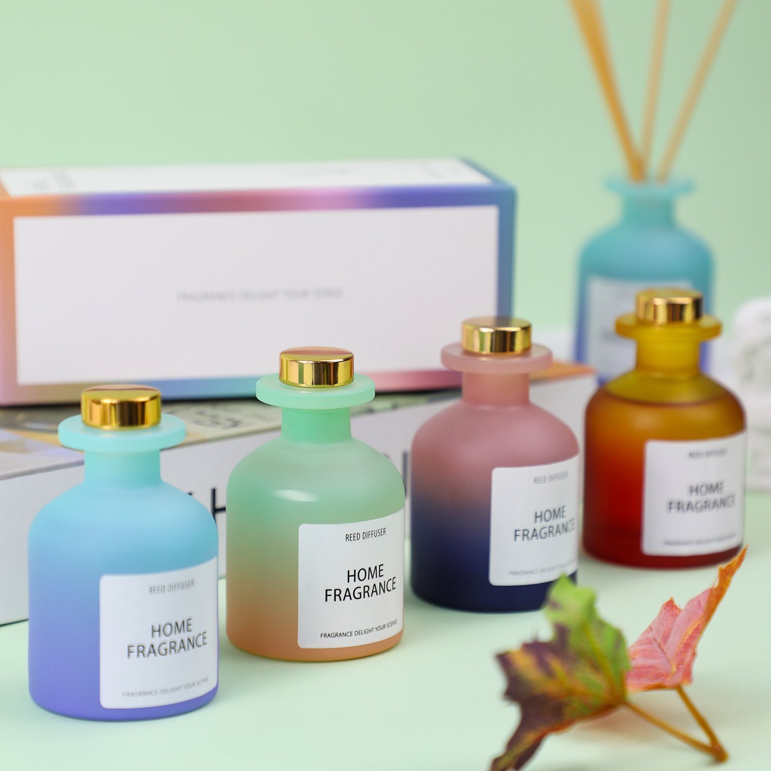 Hot Sale Luxury Customised Round Colorful Glass Bottle Floral Reed Diffuser Perfume With Box
