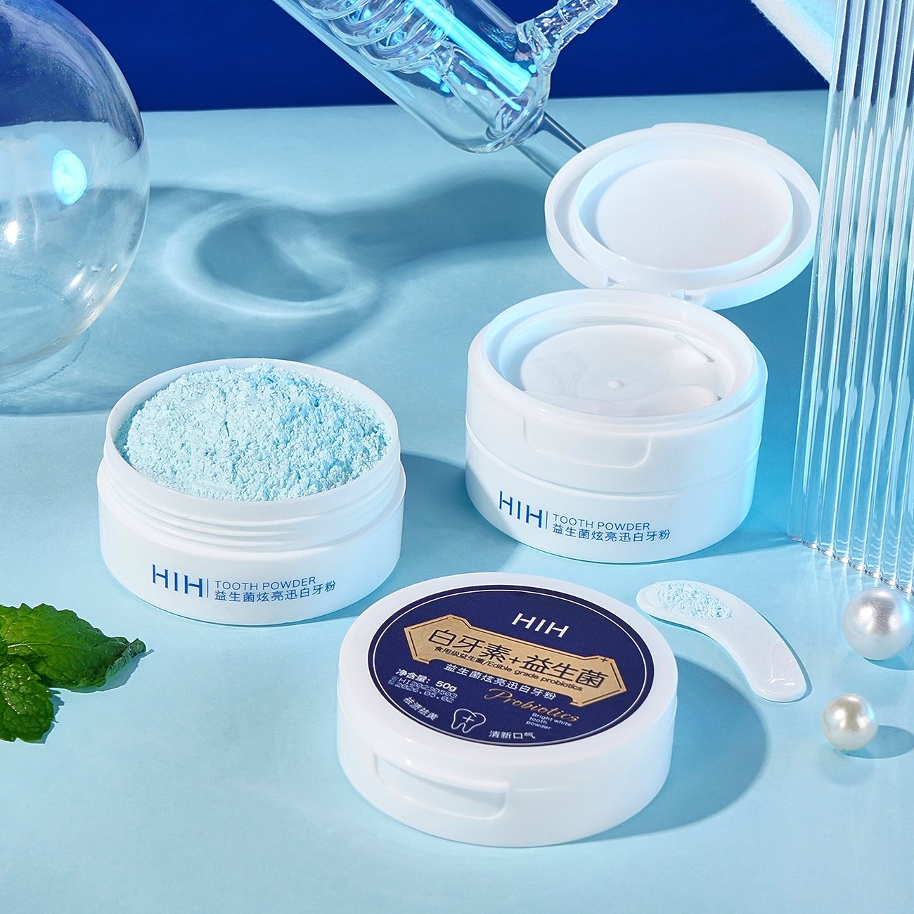 HIH Probiotic Brightening White Tooth Powder Removes Yellow stains, removes residue and freshens breath with mint smell