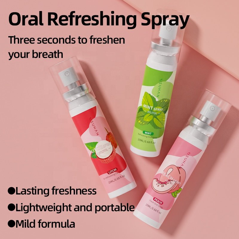 Hot Selling 100% Natural Organic English Version Portable Peach Litchi Fruit Breath Freshener Perfume Oral Mint Mouth Spray